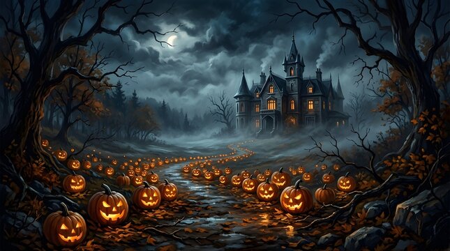 Spooky halloween landscape featuring a haunted mansion under a full moon with glowing jack o lanterns everywhere