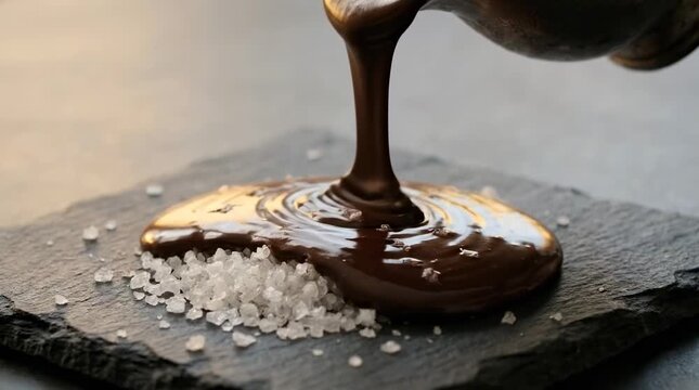 Liquid chocolate pouring over white sugar crystals