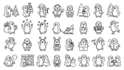 Obraz premium Set of cute hand drawn penguin characters for christmas and winter holiday coloring pages