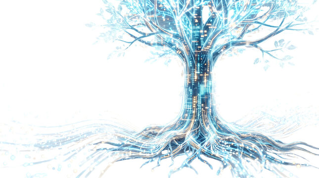 Futuristic digital tree with glowing blue circuit roots, cybernetic nature concept, high-tech network data growth visualization isolated PNG with Transparent Background