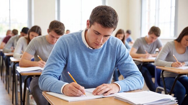 Male student in blue sweater writing notes during an exam in a classroom filled with other students at desks, bright windows in the background