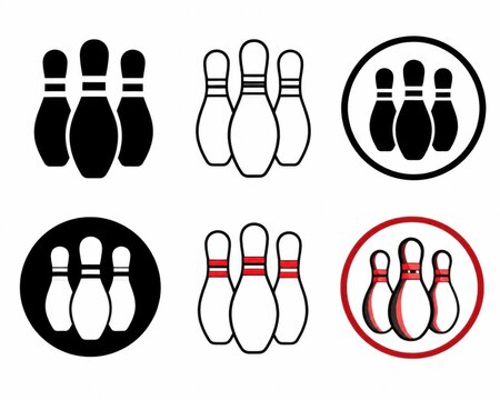 Set of simple bowling pins icons in black and red line art styles