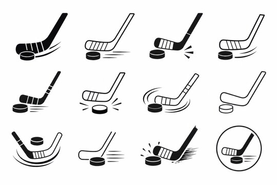 Set of black ice hockey player icons showing different game actions