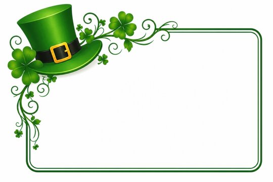 St patricks day green leprechaun hat and clover leaves frame border