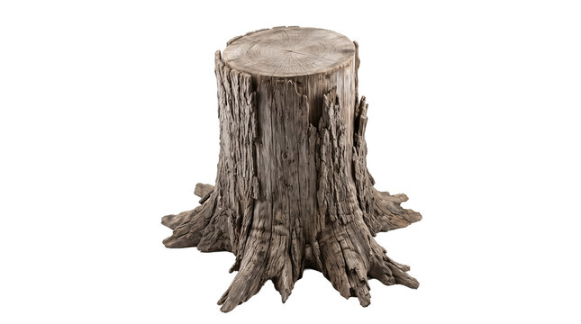 Highly detailed sculpture of a weathered tree stump with prominent roots and deep bark textures isolated on a white background.