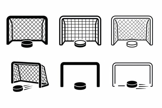 Set of six black and white soccer goal post line art icons for sports