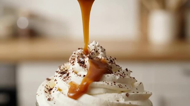 Pouring caramel sauce over whipped cream