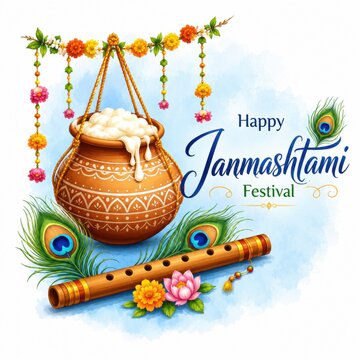 Happy janmashtami greeting card with butter pot flute and peacock feather