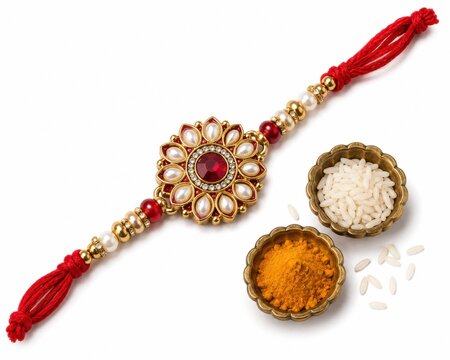 Decorative rakhi bracelet with rice and turmeric for raksha bandhan