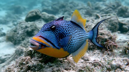 Fototapeta premium Titan triggerfish swimming on a coral reef underwater