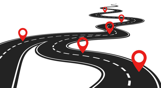 Winding road with map pins, travel and destination concept