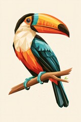Naklejka premium Colorful toucan bird perched on branch geometric art