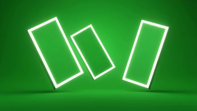 Three glowing rectangular frames hover against a green background.