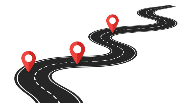 Winding road with location pins, journey, destination, route planning, navigation