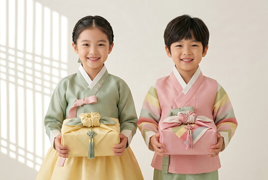 선물상자를 들고있는 아이들