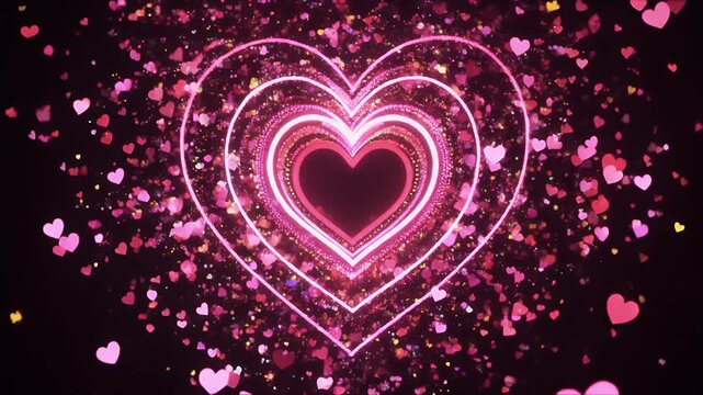 A glowing neon heart shape surrounded by smaller hearts and sparkling particles on a dark background.