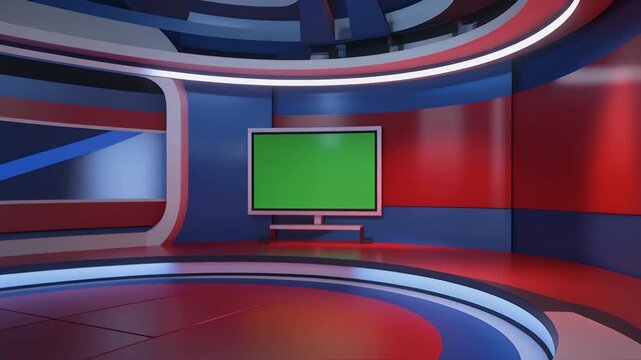 A modern television studio set with a prominent green screen and sleek, curved architecture.