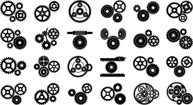 Interlocking Gear System Silhouette Vector Set with Planetary Gear, Worm Gear, Rack and Pinion, and Mechanical Cog Assembly Icons Collection
