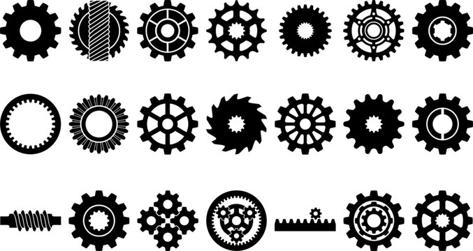 Gear Cog Silhouette Vector Set with Mechanical Wheels, Industrial Machinery, Sprockets, and Technical Hardware Icons Collection
