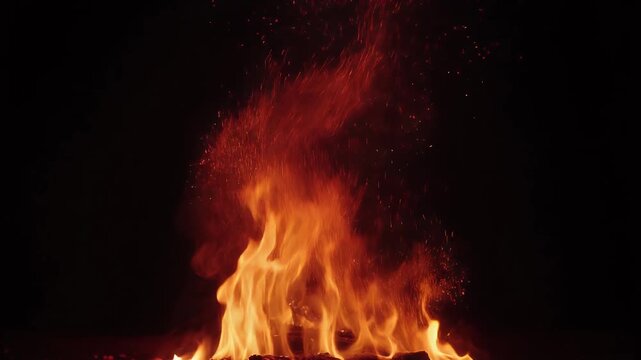 Flames dance and embers fly against a dark background.