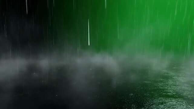 Rain falling into water with mist and a green background.