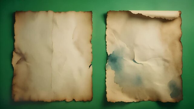 Two sheets of burnt paper lie on a green background.