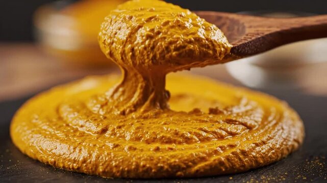 Wooden spoon scooping thick yellow turmeric paste from a dark stone board, close-up shot of golden spice texture.
