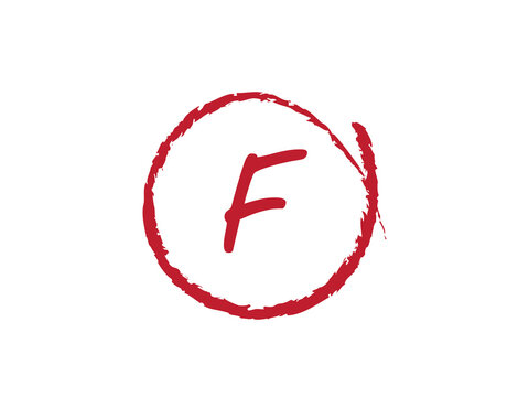 Red F letter stamp inside a rough circle for grading, rating, approval, and evaluation. Hand drawn ink texture creates marks. Perfect for education, forms, posters, and vector design.