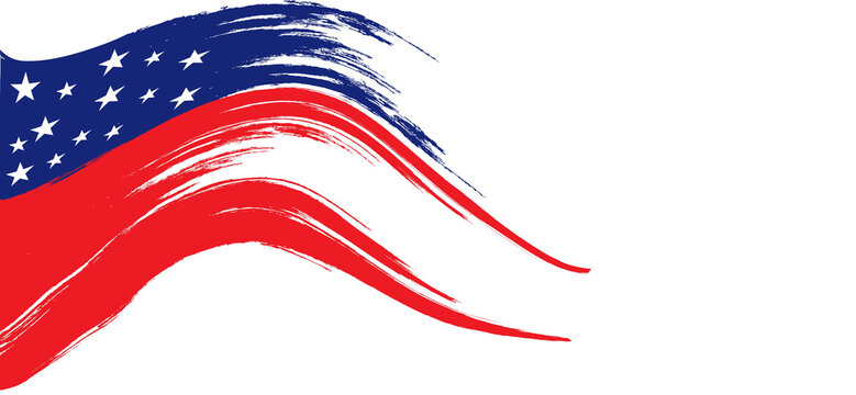 American flag brush stroke design isolated on white background. Flowing red white and blue paint waves with stars create a patriotic artistic accent for branding, posters and graphic design.