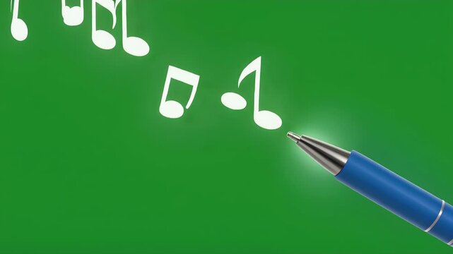 A blue pen drawing musical notes on a green background.
