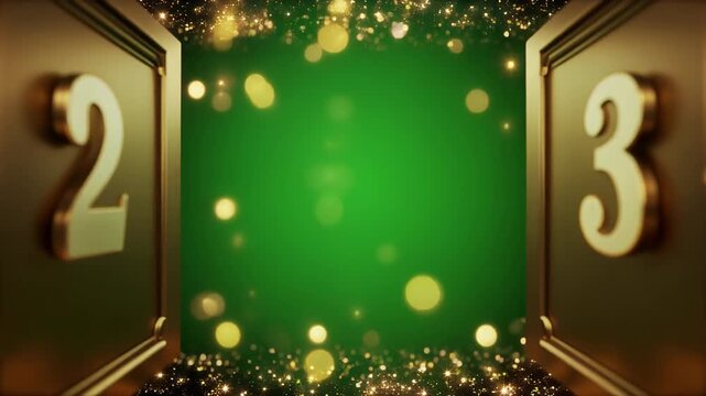 Golden numbers 3, 2, 3, 3 are displayed on luxury panels with shimmering lights.
