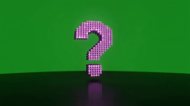 A purple question mark symbol made of dots on a green background.