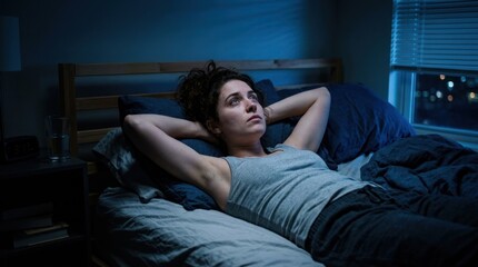 Fototapeta premium A woman lying in bed with her eyes closed, wearing a gray tank top and blue jeans, with her hands behind her head.