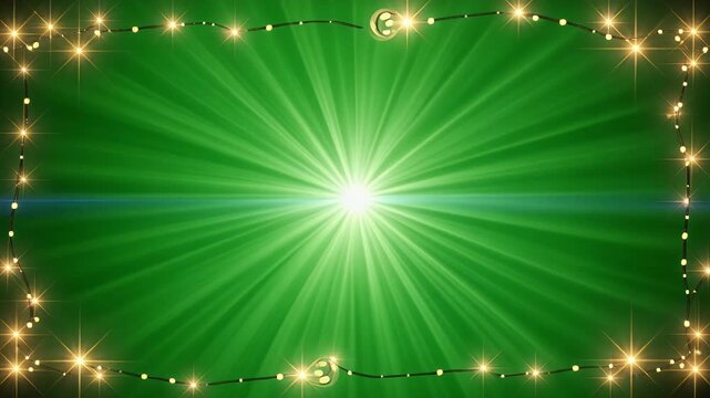 A festive green background with a bright starburst and twinkling lights.