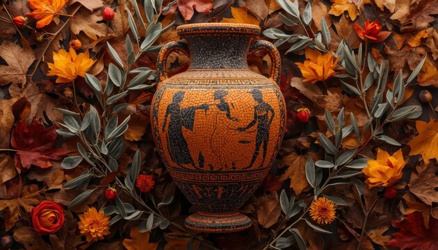 Ancient Greek terracotta amphora vase with black figures resting on background of autumn leaves and yellow flowers
