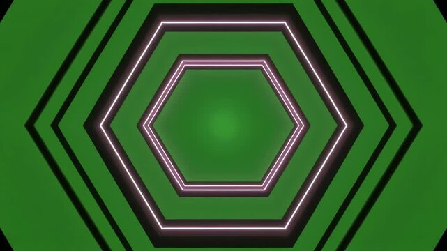 Abstract Hexagonal Neon Tunnel with Green Background