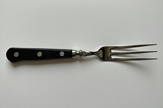 Metal carving fork with black wooden handle rests on plain white surface. Stainless steel utensil features three sharp tines for piercing large food cuts. Classic culinary tool design offers pro grip