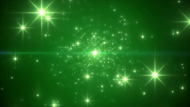 A vibrant green background with sparkling starbursts and a bright central light.
