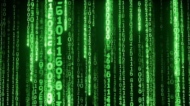 Green digital rain of binary code cascading against a dark background.