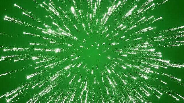 A bright white burst of abstract particle trails erupts against a solid green background.