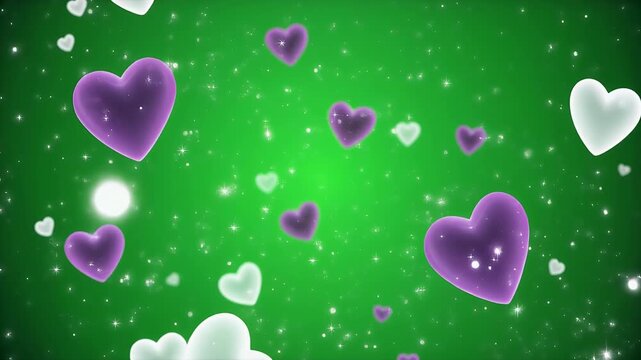 A vibrant green background with floating white and purple hearts and glittering particles.