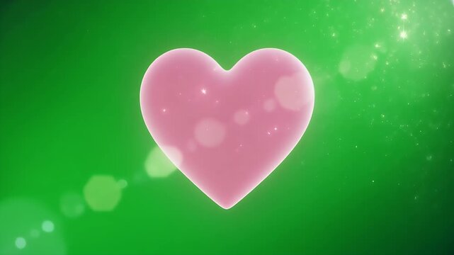 A glowing pink heart with sparkling particles against a vibrant green background.