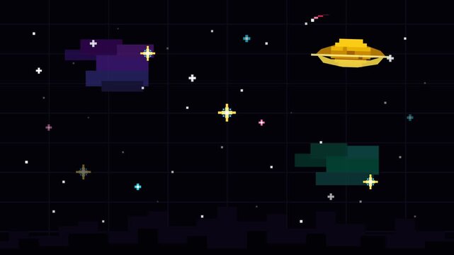 Retro pixel art space background animation featuring golden UFO spacecraft flying among bright stars and colorful nebula clouds in vintage 8-bit gaming aesthetic for creative projects
