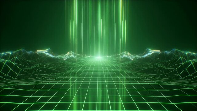 Abstract green digital landscape with glowing grid and light beams.
