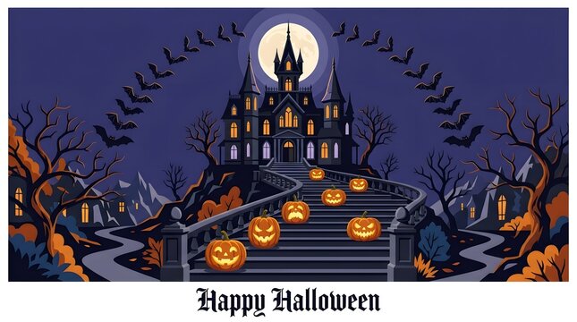 Spooky haunted house on hill, owl hoots the owl spook, Happy Halloween greeting card vector layout, gothic castle with orange pumpkins on steps isolated on White Background Happy Halloween