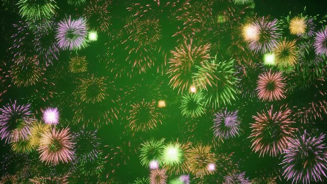 Colorful fireworks bloom against a dark green background.