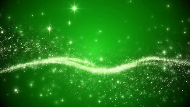 A wave of shimmering white particles cascades across a vibrant green background.