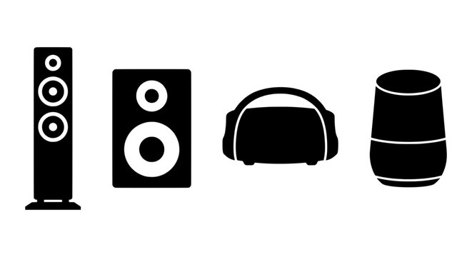 Audio Equipment Icons: Tower Speaker, Bookshelf Speaker, Headphones, Smart Speaker, Sound System