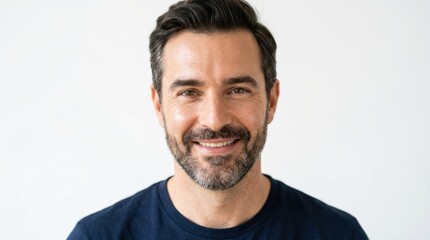 Fototapeta premium A man with a beard wearing a blue t-shirt, standing against a white background.