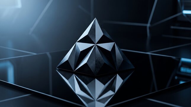 Geometric Black Pyramid on Reflective Surface 